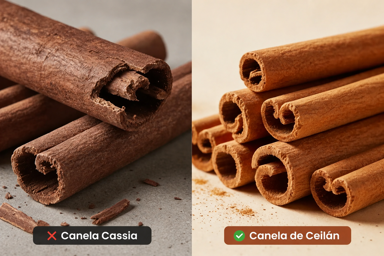 Comparación de canela Cassia contra Canela de Ceilán auténtica