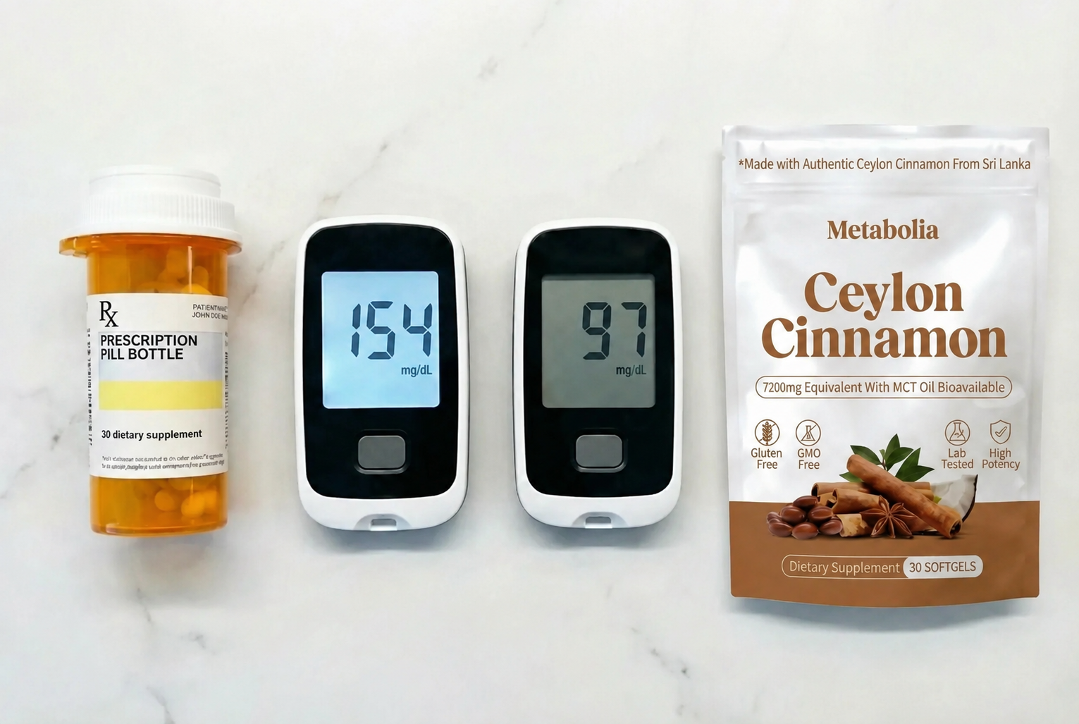 Medidor de glucosa estable junto a ramas de canela